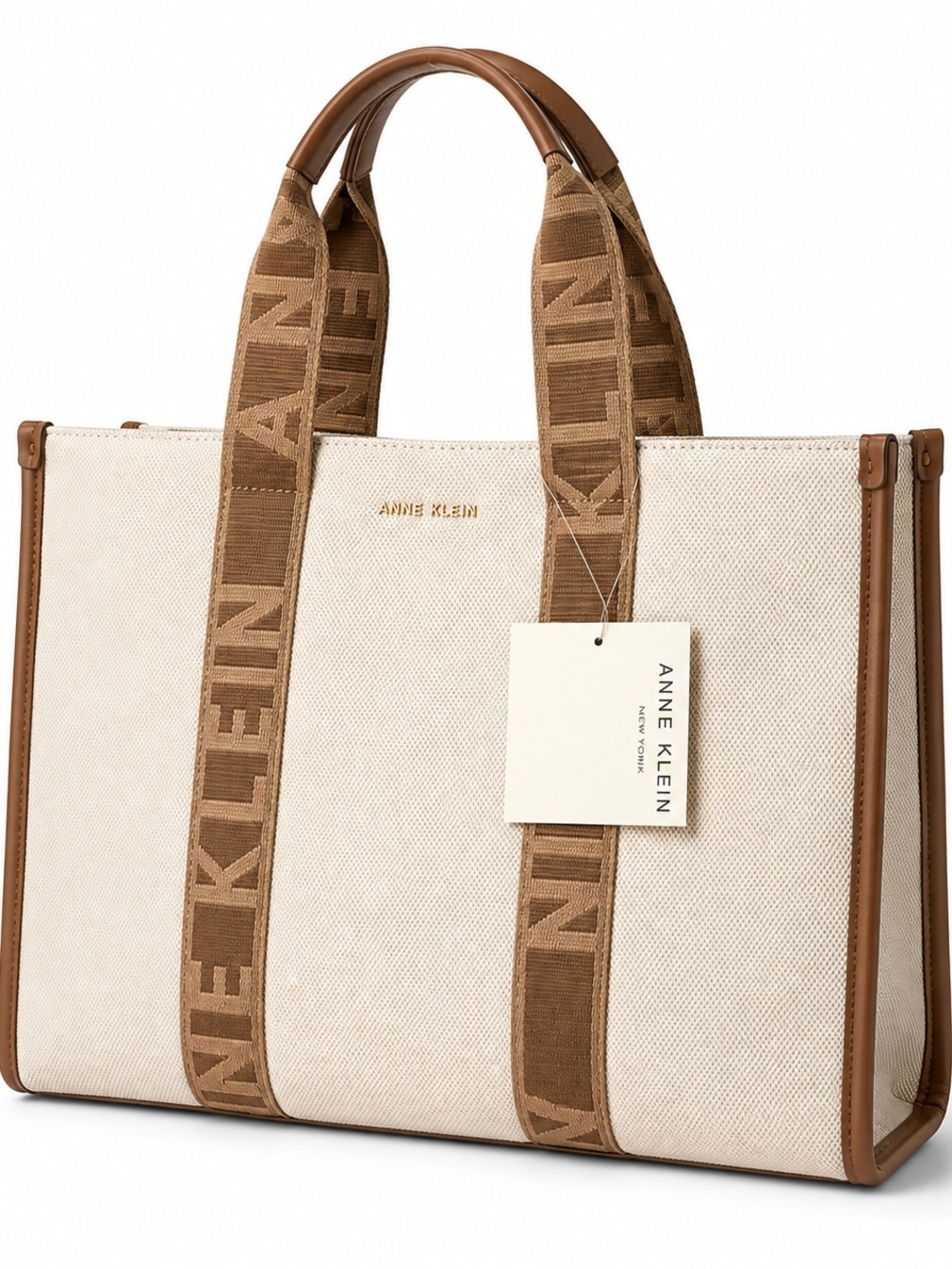 Anne Klein Cream & Brown Logo Strap Canvas Tote